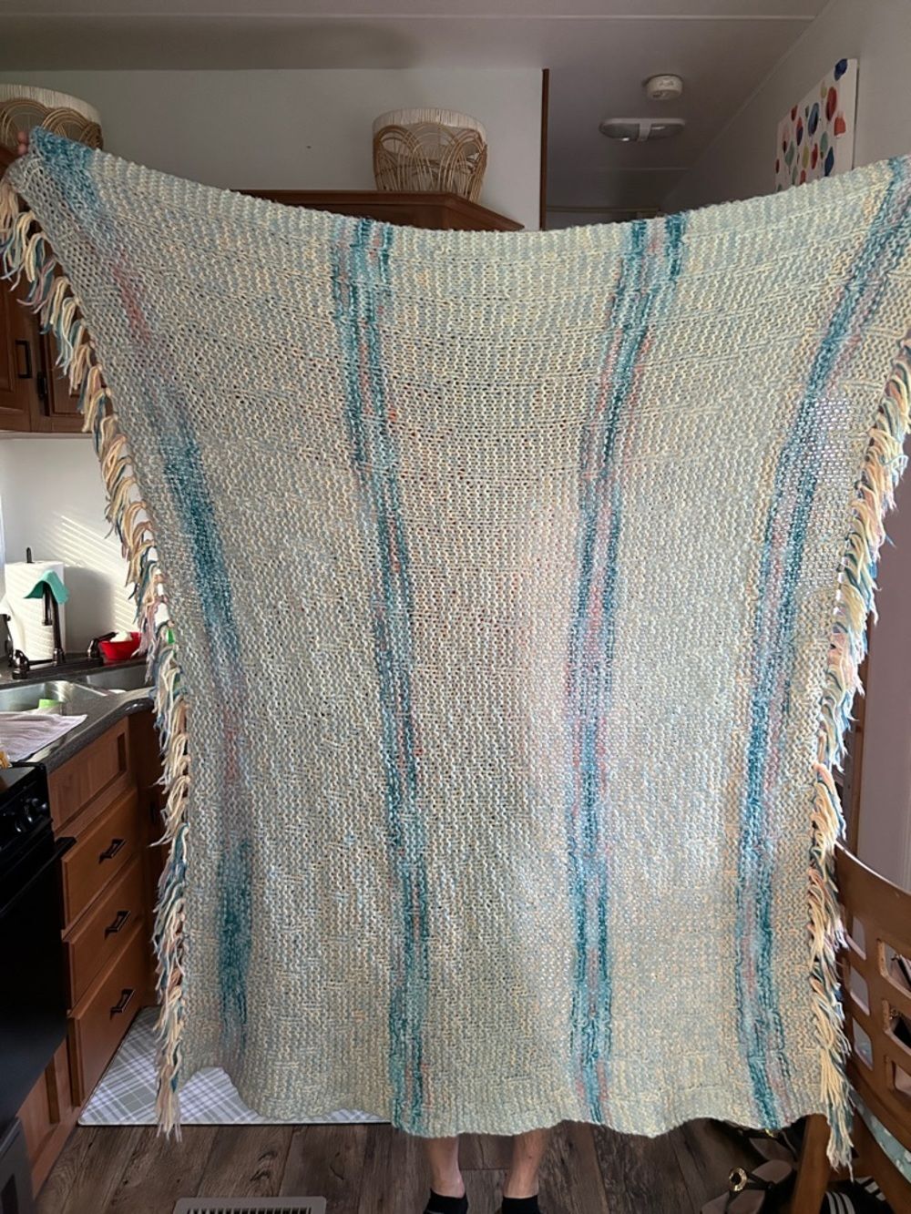 Handmade Crocheted Cream & Teal Stripe Afghan 51 x 41 inches